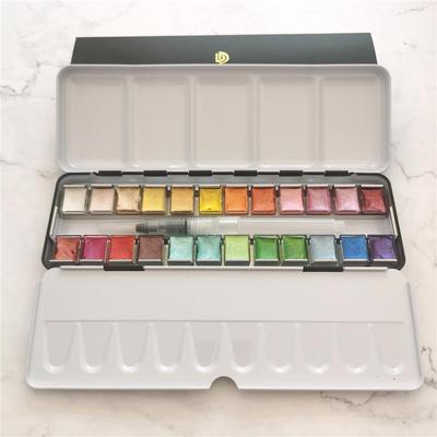 供应24色固体水彩颜料套装珠光水彩铁盒装便携绘画美甲颜料块