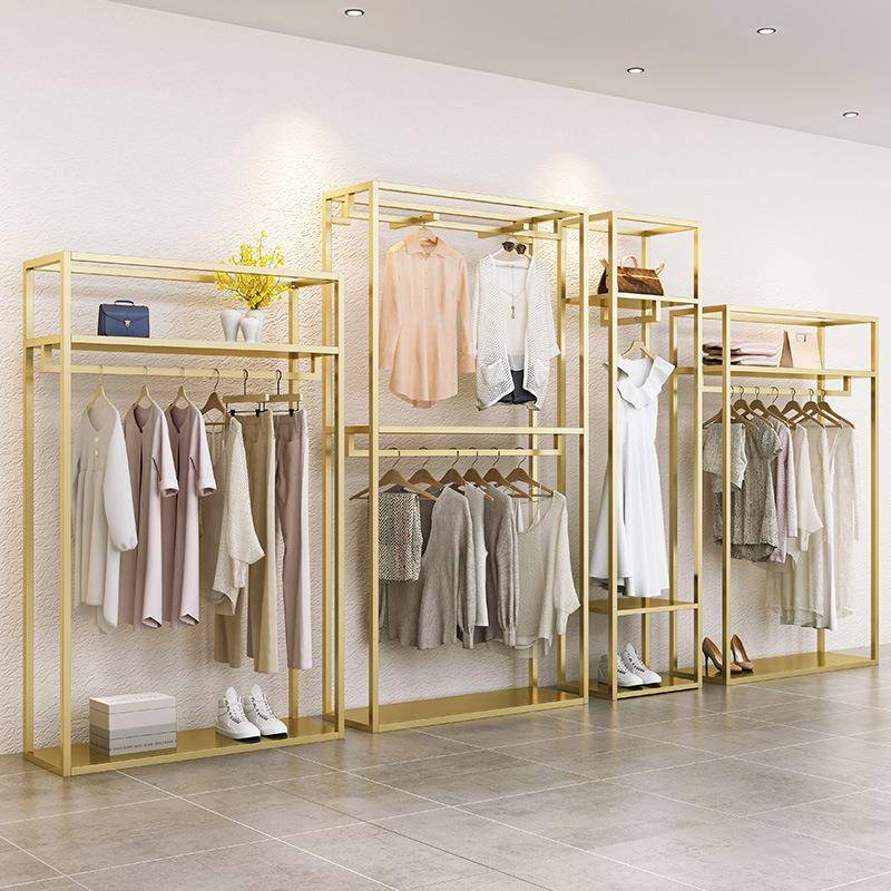 金色服装店展示架落地式女装店陈列货架铁艺架子双层挂衣架组合