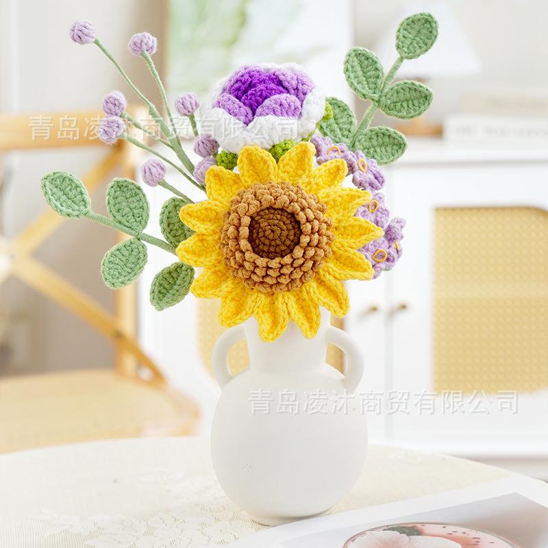 热销新品手工钩织毛线花成品花瓶向日葵玫瑰教师节桌面摆件