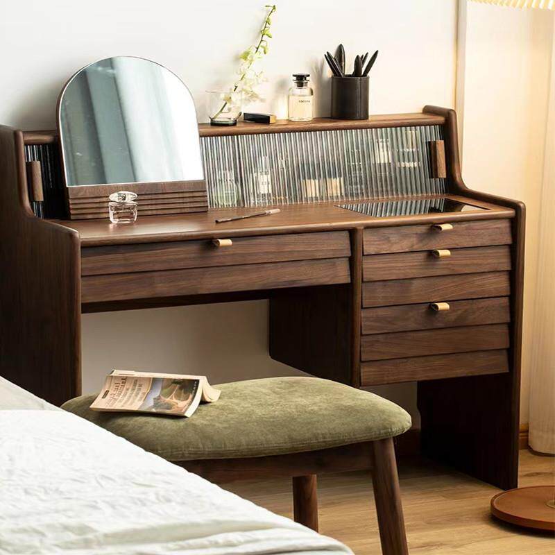 北美黑胡桃木全实木梳妆台轻奢原木化妆桌椅可移动玻璃收纳化妆台
