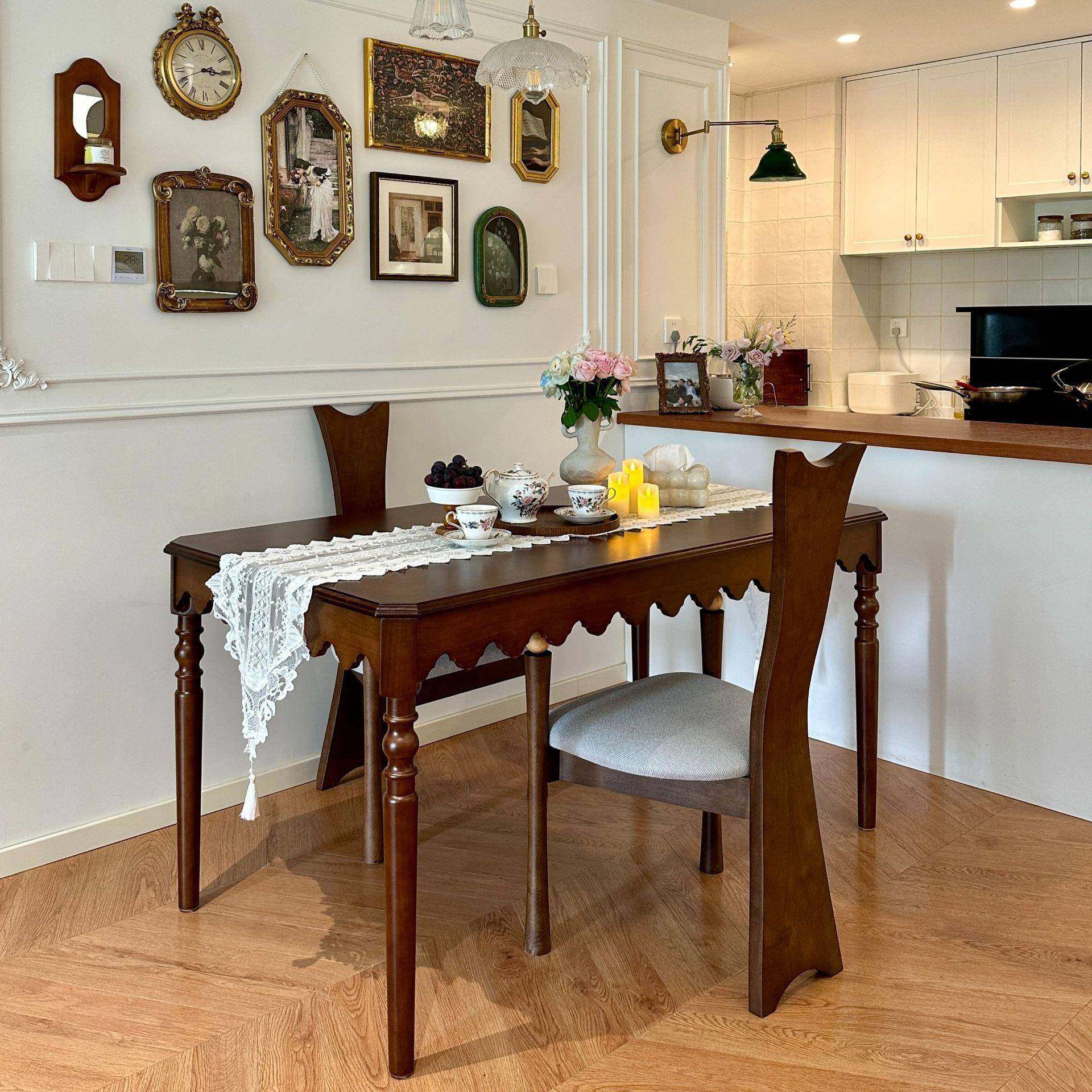 法式中复古风实木餐桌椅子黑色胡桃家用吃饭洽谈轻奢高级感长方形