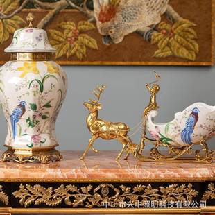 欧式手工彩绘陶瓷镶铜装饰将军罐高档大气客厅玄关壁橱储物摊摆件