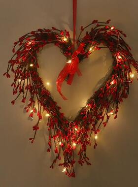 情人节仿真心形花环红白色小插枝花圈壁挂新年家居前门装饰挂件