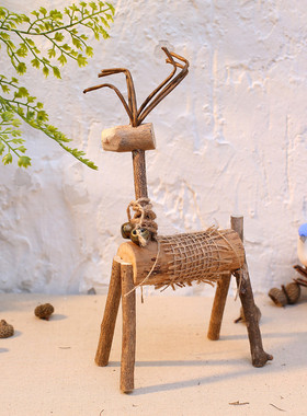 北欧天然实木树枝手工制作情侣小鹿庭院摆件橱窗店铺装饰品