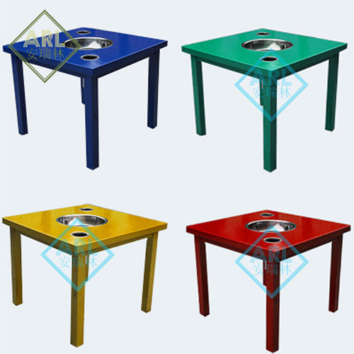 实木马路边边火锅桌椅串串圆桌签筒电磁炉款红黄蓝绿彩色火锅桌凳