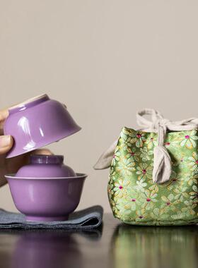 便携茶具一盖碗一杯木槿紫手绘牡丹个人泡茶碗收纳旅行套装快客杯