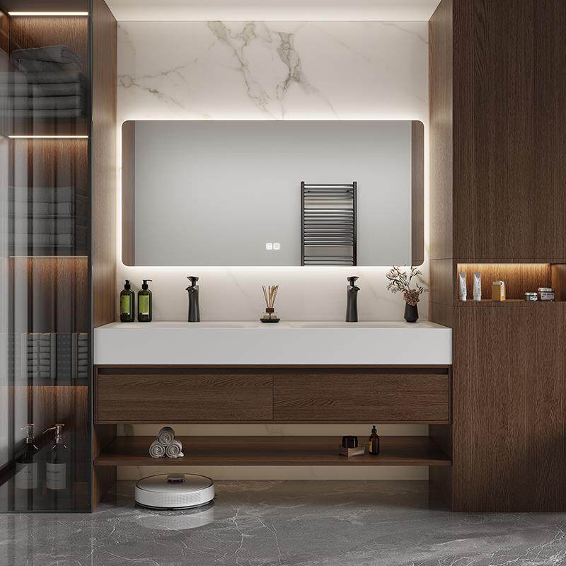 中古风胡桃木色酒店风岩板无缝盆岩板热弯盆卫生间浴室柜组