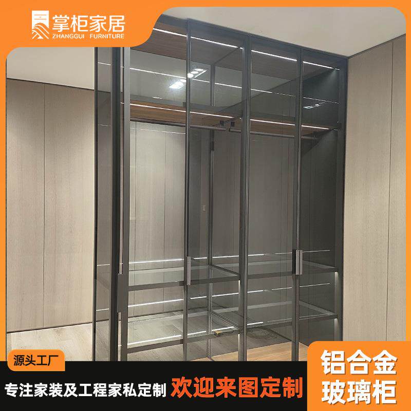 现代极简铝合金卧室衣帽间金属玻璃柜全屋可来图设计卧室衣柜