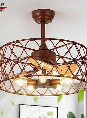 跨境美式藤艺b风扇灯QTL复古工风业客厅餐厅室亚马逊Eay藤编吊扇