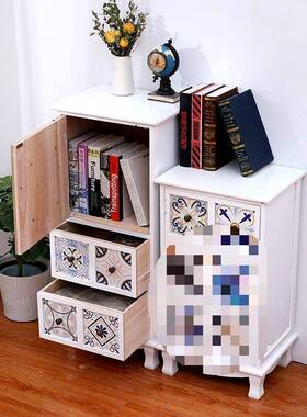 新中式彩绘储斗美式实木免柜安床头柜网红小型装多功能小户型F76S