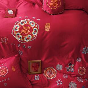 八丨WXL方来财长绒棉国四风绣件套喜庆婚房全棉婚刺庆款床品