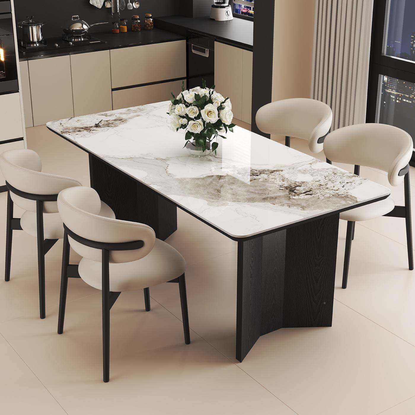 实木小岩板约户型意式极简白色985长方形餐桌椅组合家用现代简饭