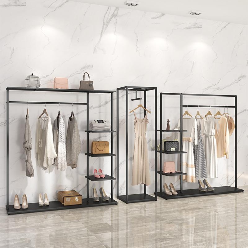 服装店展示架女装黑色铁艺落地式挂衣架卧室衣帽架简易挂包衣服架