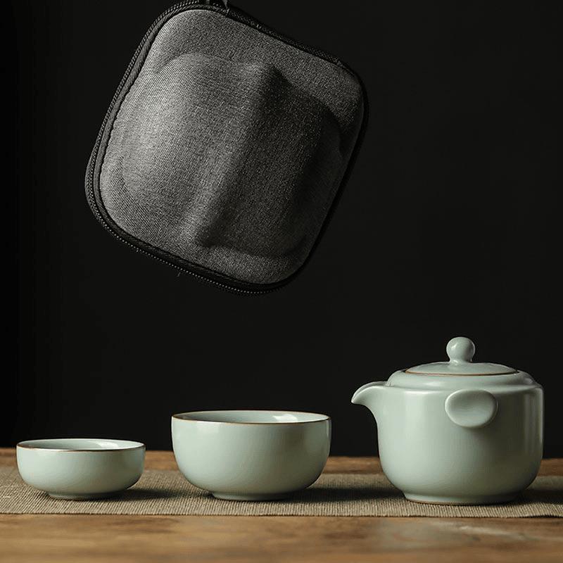 天青色汝窑快客杯旅行茶具便携车载套装单人一壶二杯子开片可养