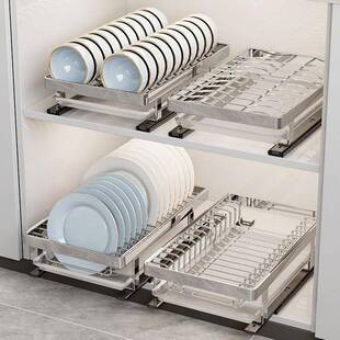 厨房碗盘架抽拉碗碟收纳架橱柜拉篮抽屉式盘子沥水置物架