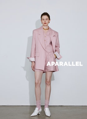 条纹袖口后开衩亚麻西服/金属扣时装亚麻马甲/起梗休闲亚麻短裤