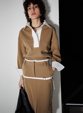 APARALLEL衬衫翻领短款卫衣 拼衬衫边前开叉半身裙「田朴珺同款」