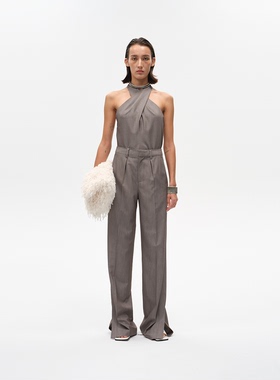 小立领飘带袖开叉衬衫 交叉领系带露背上衣 脚口开衩直筒西服裤