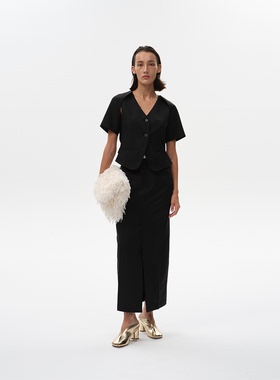 APARALLEL马甲披肩结构感短袖西服 腰头拼白高开衩长裙