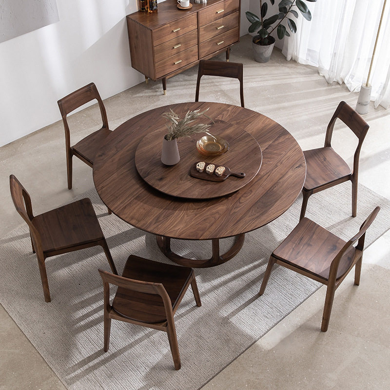 北美黑胡桃原木多功能北欧新中式带转盘全实木圆桌家用简约圆桌