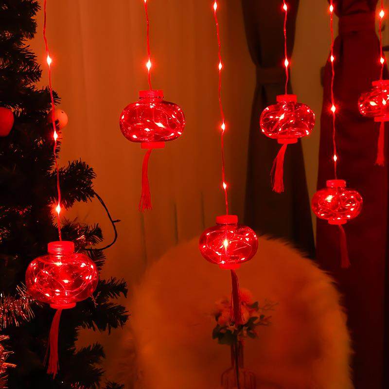 2023新年LED红灯笼灯串窗帘灯元宵元旦过年节日家用喜庆布置