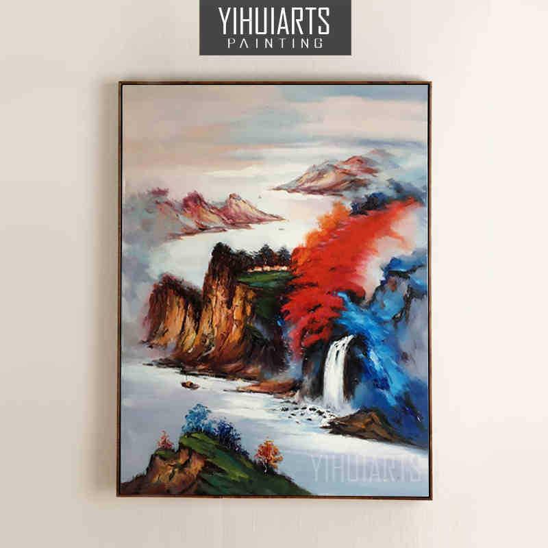 玄关风景山水油画装饰画现代中式竖幅走廊无框画卧室餐厅书房挂画