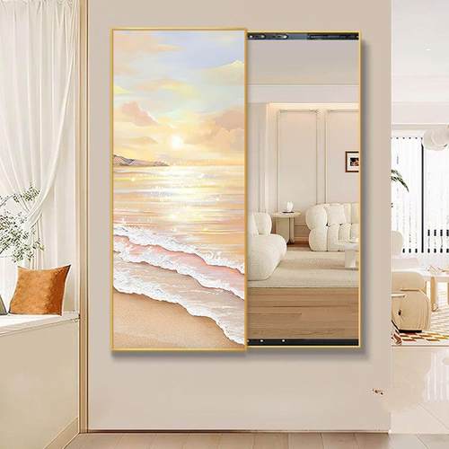 奶油风海景全身镜装饰画隐藏式可推拉穿衣镜挂画入户玄关装饰画
