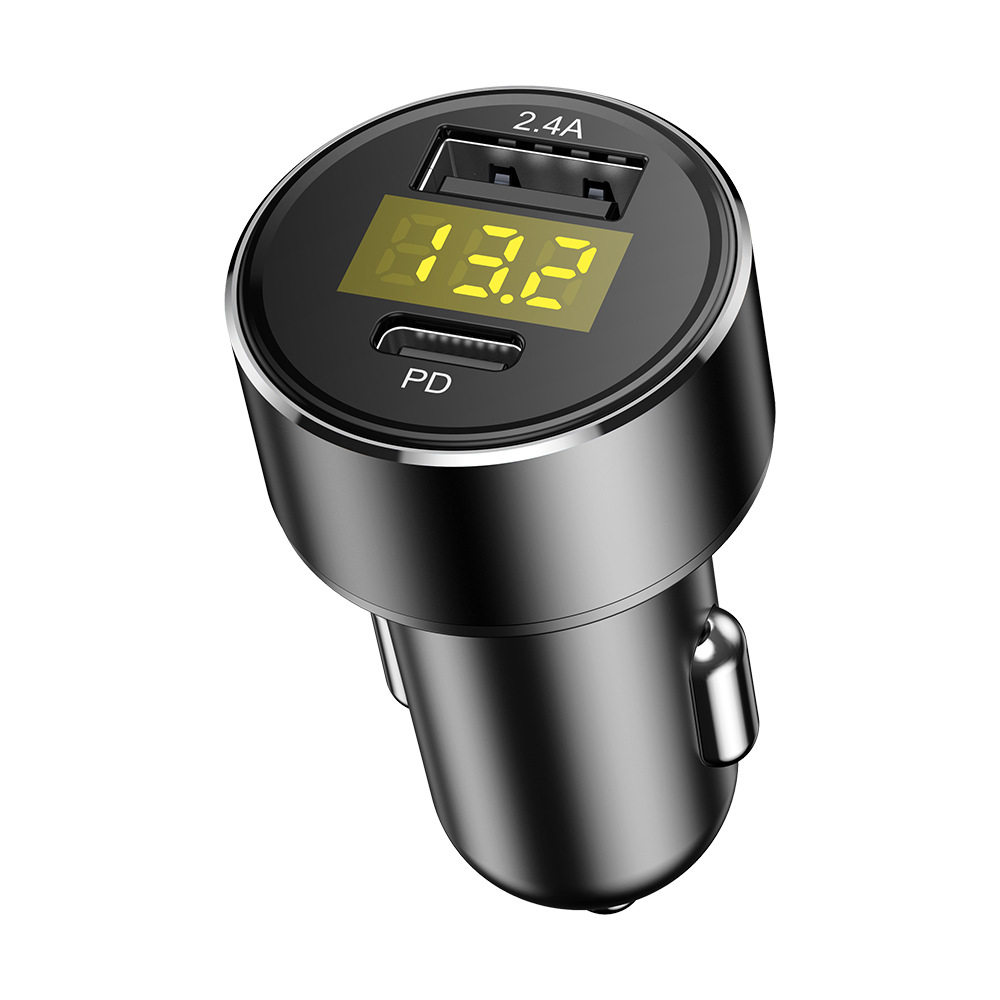 车载充电器PD18W车充汽车点烟器一拖二36W快速充电车充头电压数显