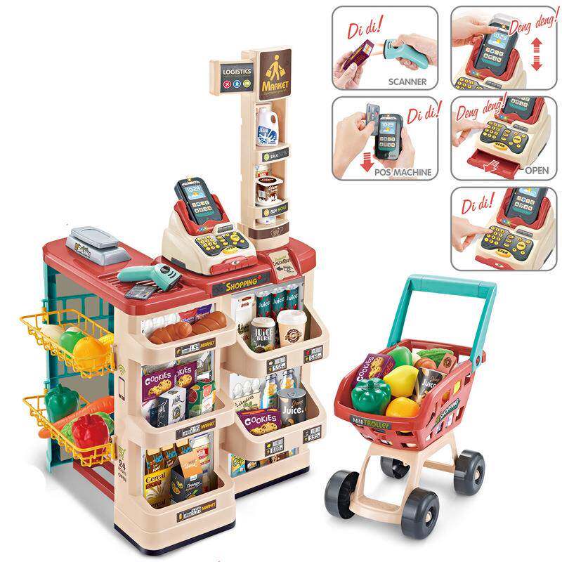 儿童过家家玩具仿真超市售货台购物车组合套装刷卡扫描器收银机台