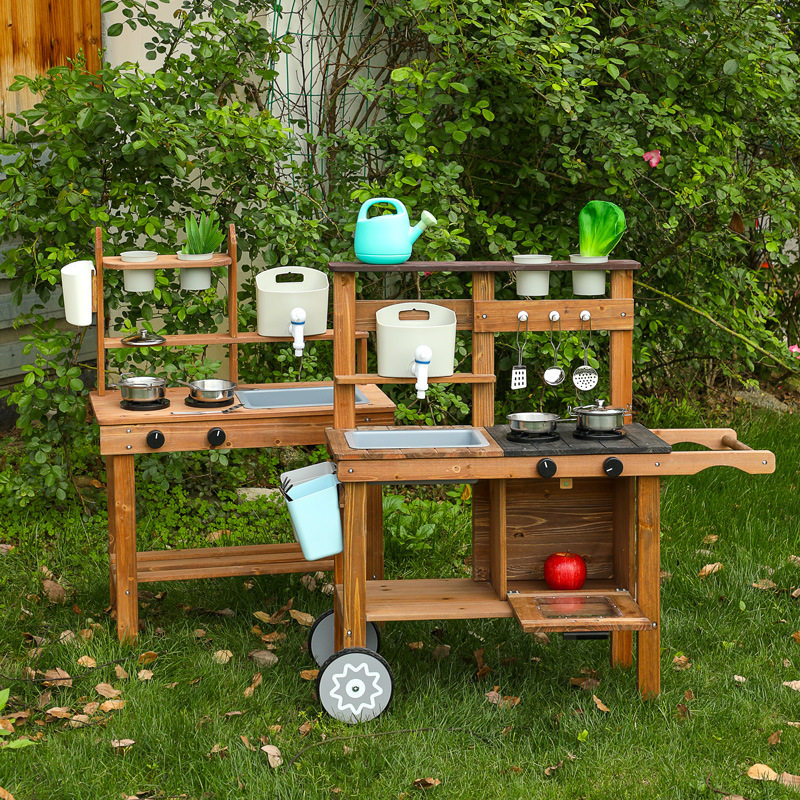 户外实木儿童厨房玩具套装亲子互动原木手推车宝宝野餐过家家玩具