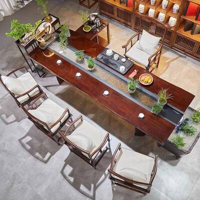全曲水茶台养鱼茶桌循环景观流XXU一体中式实木泡茶桌水流觞新桌