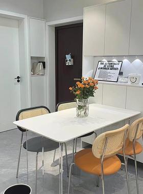 家用藤编法式实奶油风餐原木风木靠背吃饭感餐椅桌椅白色QAC凳w&