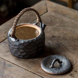 日编CH059大式 复古粗陶茶壶可碳烧锤纹藤提梁茶壶干烧茶炉平煮整