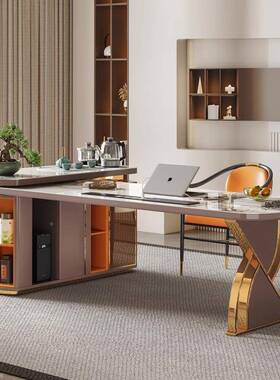 轻奢现室代转角岩书桌茶一台体书房客厅办公老板板泡茶YEV桌岩板