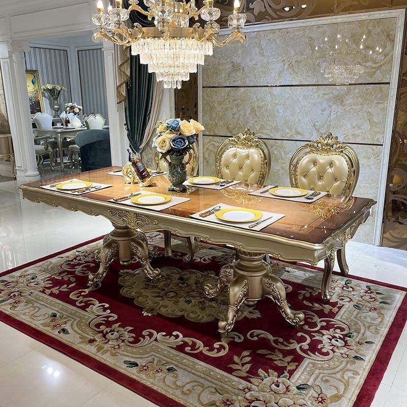 法长餐桌椅组合欧式皮实木雕花饭桌奢华式天然木6人别墅餐厅01桌