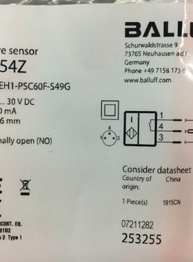 BES054Z Balluff 巴鲁夫 BES M08EH1-PSC60F-S49G-电感式接近开关