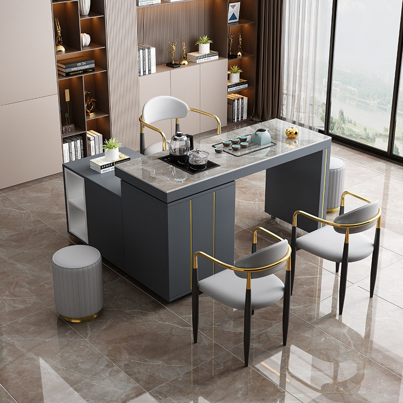 岩板茶桌椅组合现代简约轻奢石板家用阳台小茶台旋转泡茶桌办公室