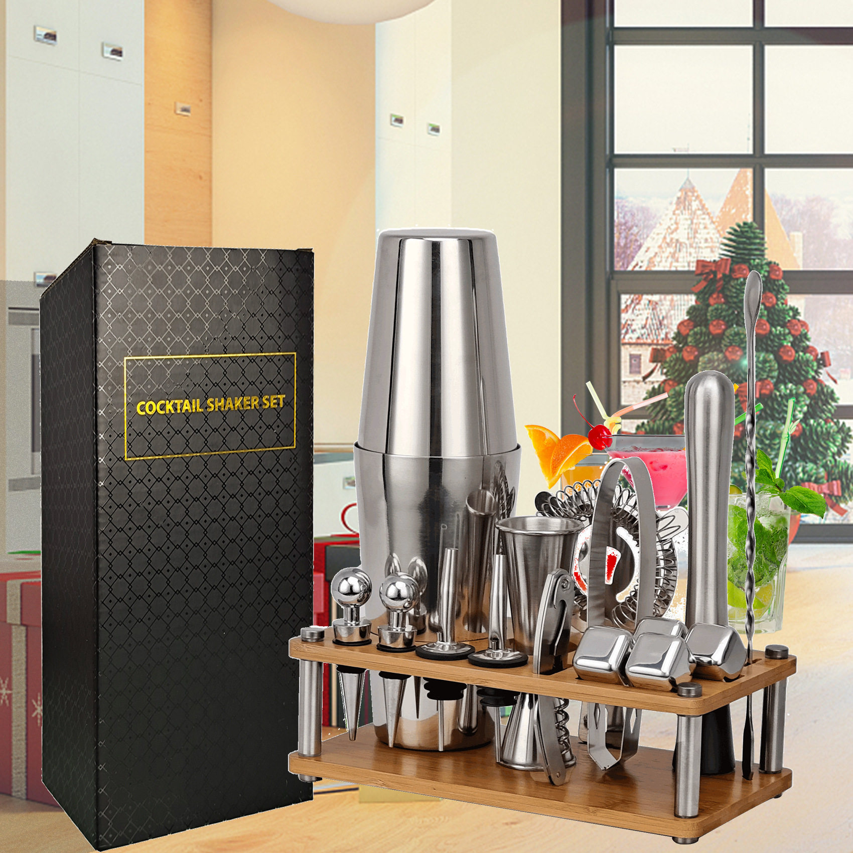 304不锈钢调酒器套装 波士顿调酒器调酒工具16件套带可拆卸收纳架