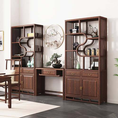 博古架实木中式茶室置物架展示架书房三组合书柜新中式书架多宝阁