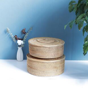 越南秋藤手工编织家居收纳篮藤编果篮圆形带盖筐坚果收纳盒馒头筐