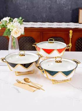 casserole圆形陶瓷锅烤盘蜡烛加热手彩圆形汤锅金色架子手彩烤盘