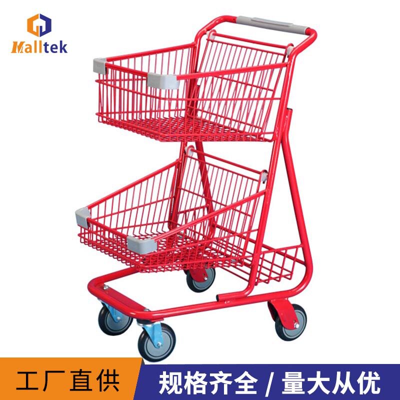 双层大卖场采购金属推车连锁超市美式双篮大容量手推车厂家直销
