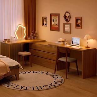 梳妆台卧室简约现代电脑桌书桌床尾斗柜妆台一体实木转角化妆桌