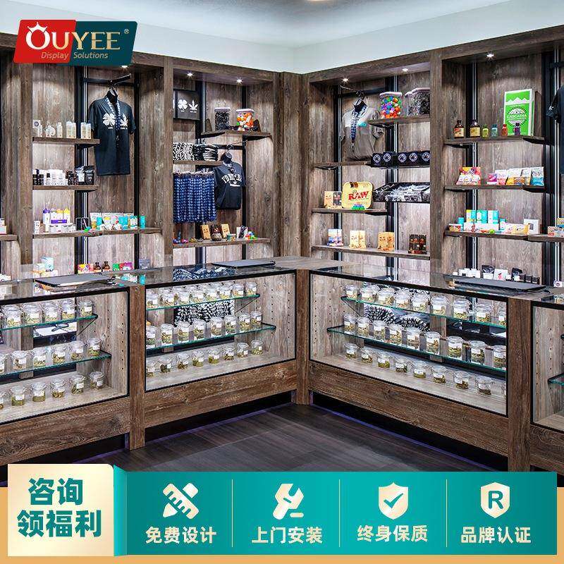 北美热销商场名烟展示柜商用实木烤漆烟柜收银台一体玻璃陈列柜台