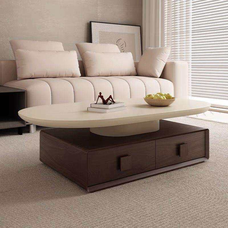 中古风洞石实木茶几2025款客厅家用简约胡桃木轻奢创意微晶石茶几