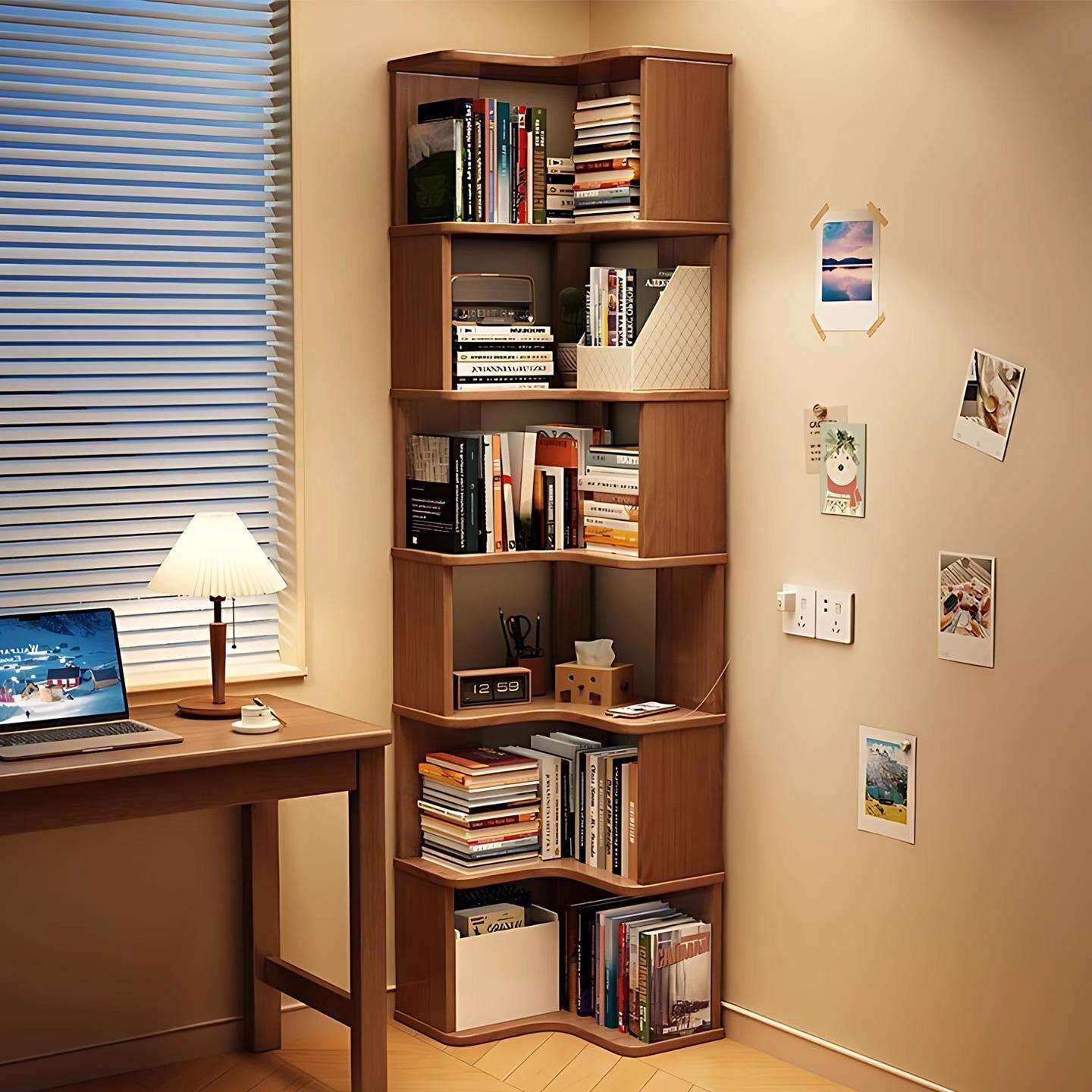 转角书架墙角置物架落地三角柜子中古风书柜一体靠墙拐角窄柜