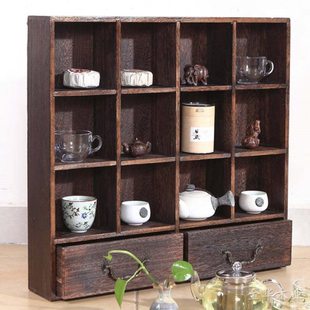 烧桐木实木9格双抽茶杯架多宝阁置物架收纳柜茶具茶壶博古架茶宠