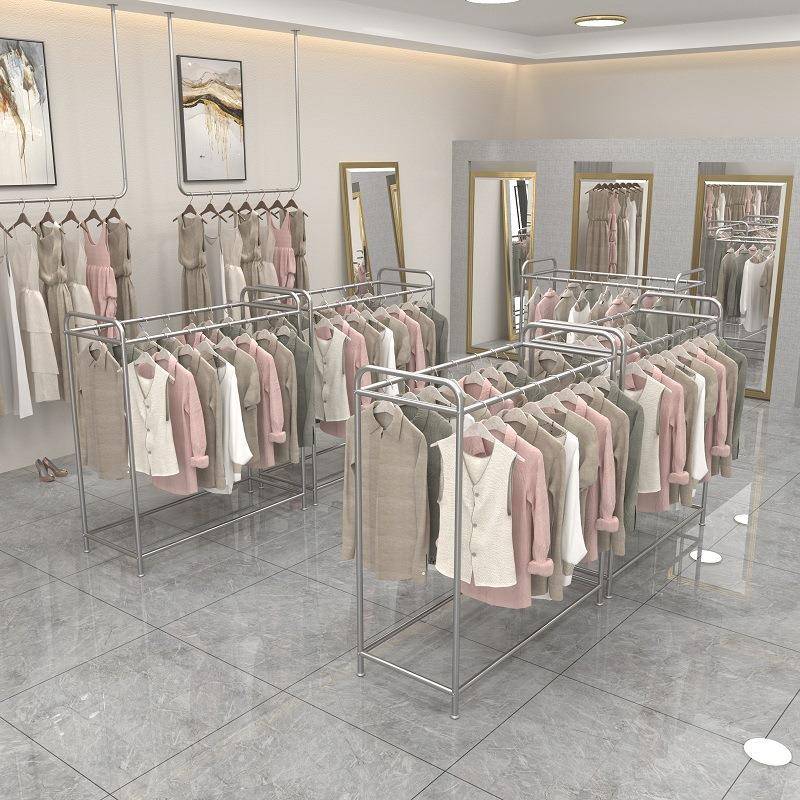 不锈钢服装店展示架双排中岛架落地双杠挂衣架可移动服装陈列货架