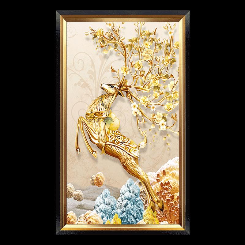 现代轻奢大气玄关装饰画竖版走廊过道壁画招财发财鹿欧式客厅挂画