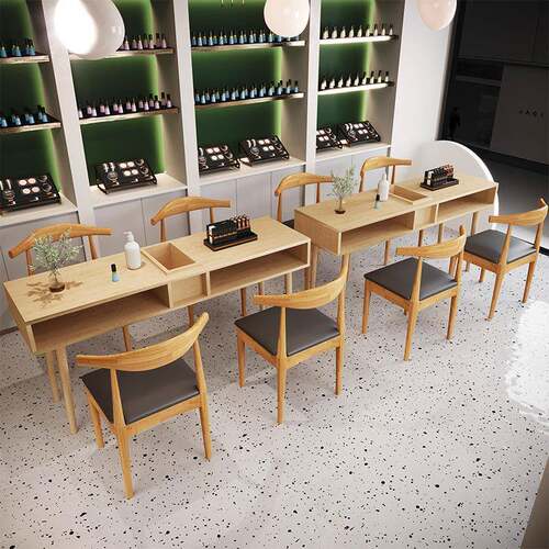 日式实木美甲桌原木色美甲店简约修甲台经济型单双人成套美甲桌